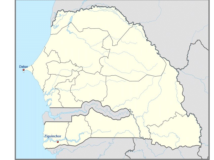 Carte des régions du Sénégal avec Dakar et Ziguinchor