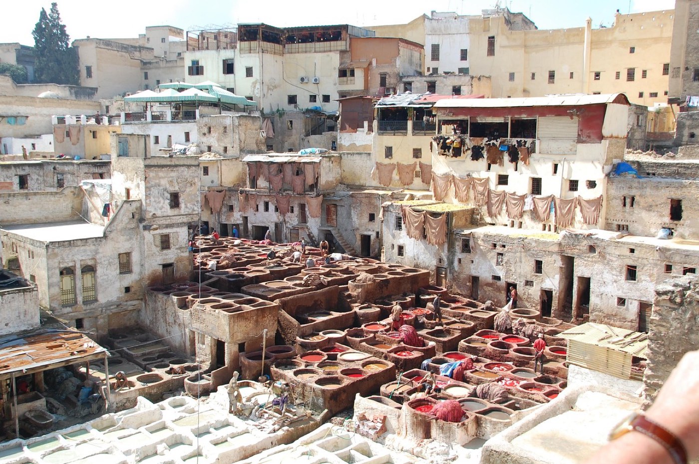 Cuves de tannage colorées de la tannerie Chouara à Fès, au Maroc, vue depuis une terrasse